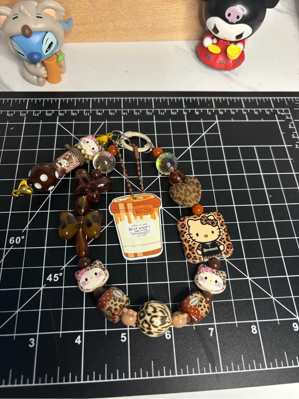 Hello Kitty Brown Leopard Print Beaded Charm Keychain